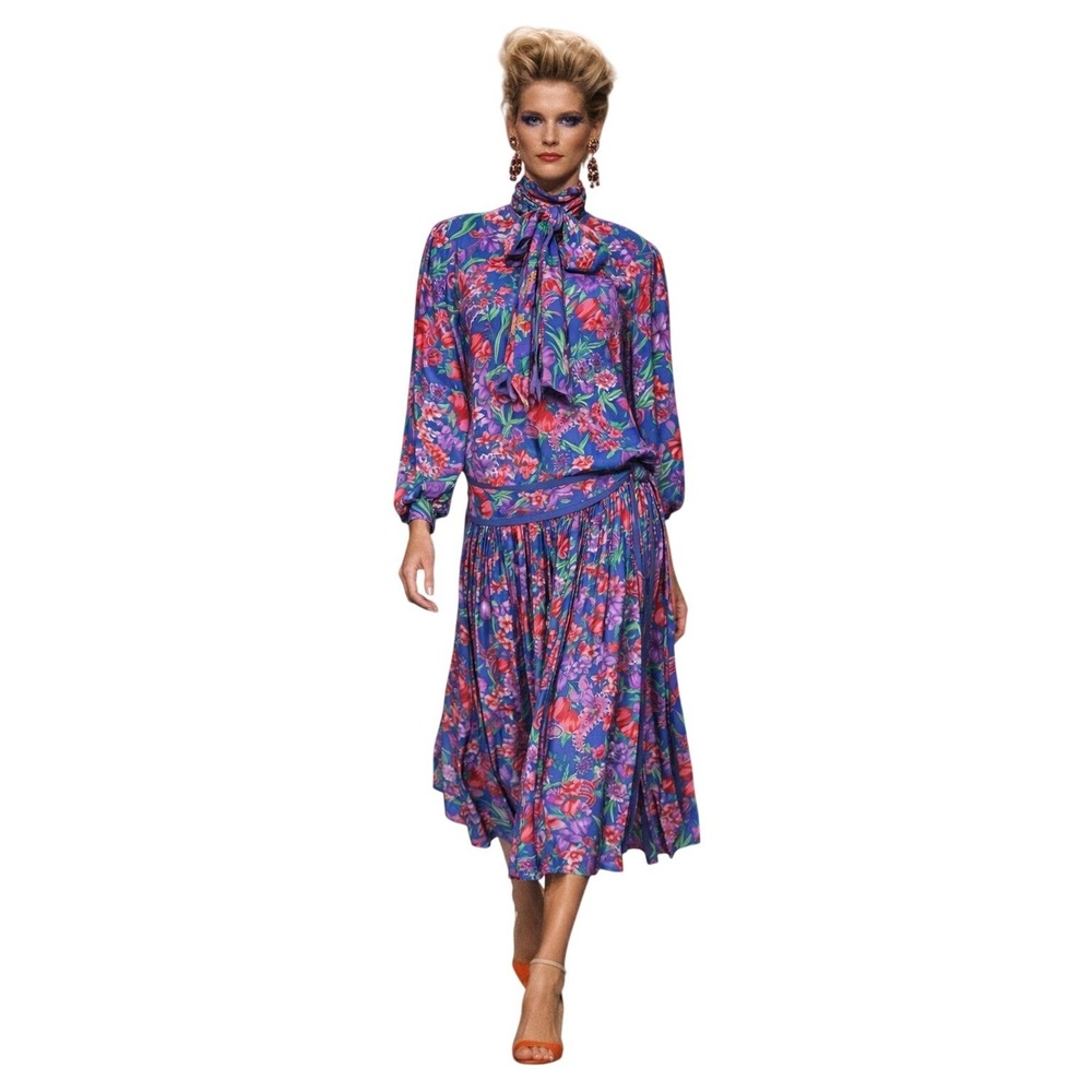 Vintage 80's‎ Diane Freis Original Blue Floral Georgette Floral 3 Piece Set